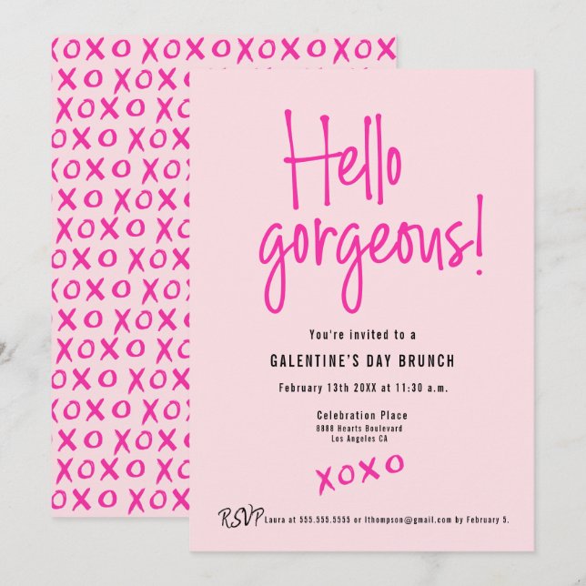 Hello Gorgeous XOXO Pink Galentine’s Day Brunch  Invitation (Front/Back)