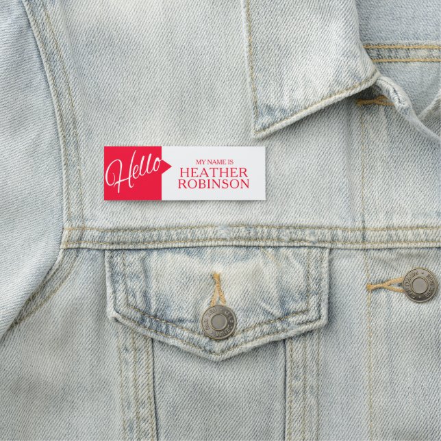 Hello greetings introduction red custom name tag (In Situ)