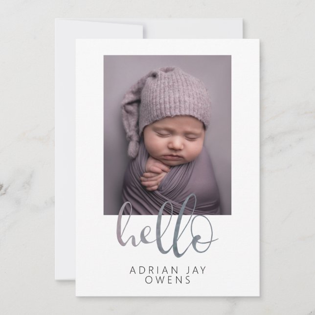 Hello Grey Script Watercolor Photo Collage Baby Announcement (Front)