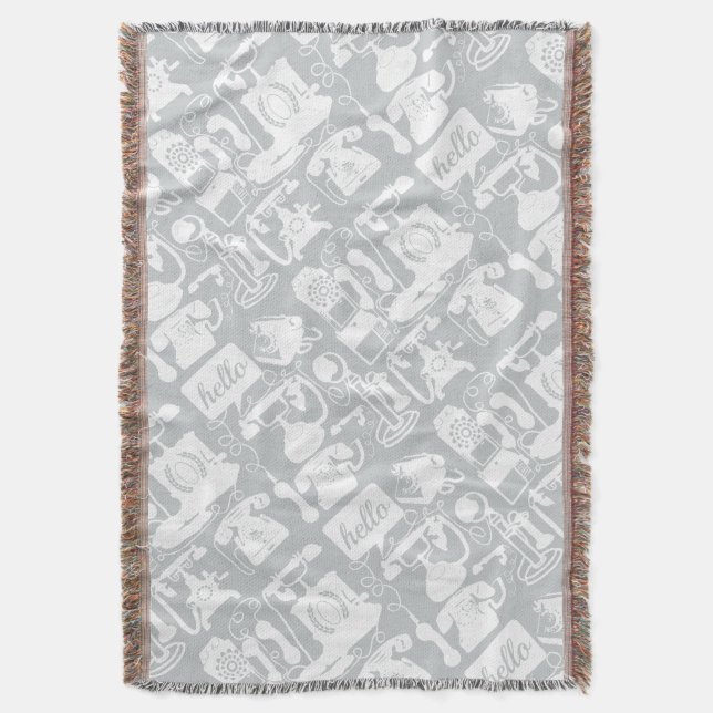 Hello Grey White Vintage Telephone Pattern Throw Blanket (Front Vertical)