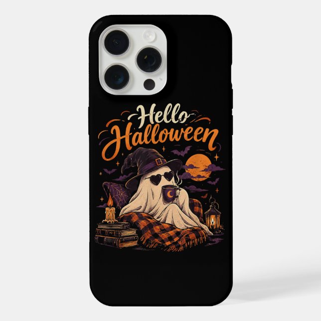 Hello Halloween Cute Ghost Drinking Coffee iPhone Case (Back)