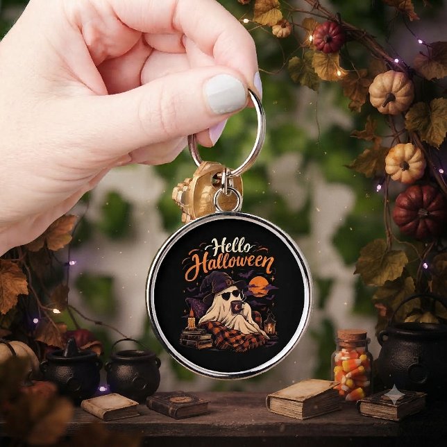 Hello Halloween Cute Ghost Drinking Coffee Key Ring (Creator Uploaded)