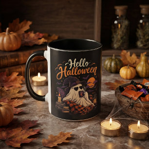 Hello Halloween Cute Ghost Drinking Coffee Mug