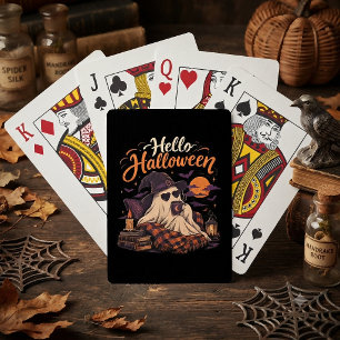 Hello Halloween Cute Ghost Drinking Coffee Playing Cards