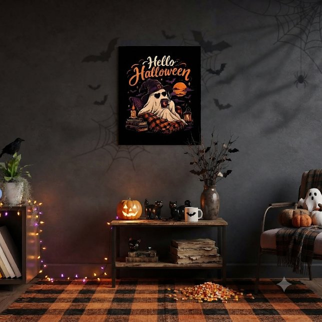 Hello Halloween Cute Ghost Drinking Coffee Poster (Creator Uploaded)
