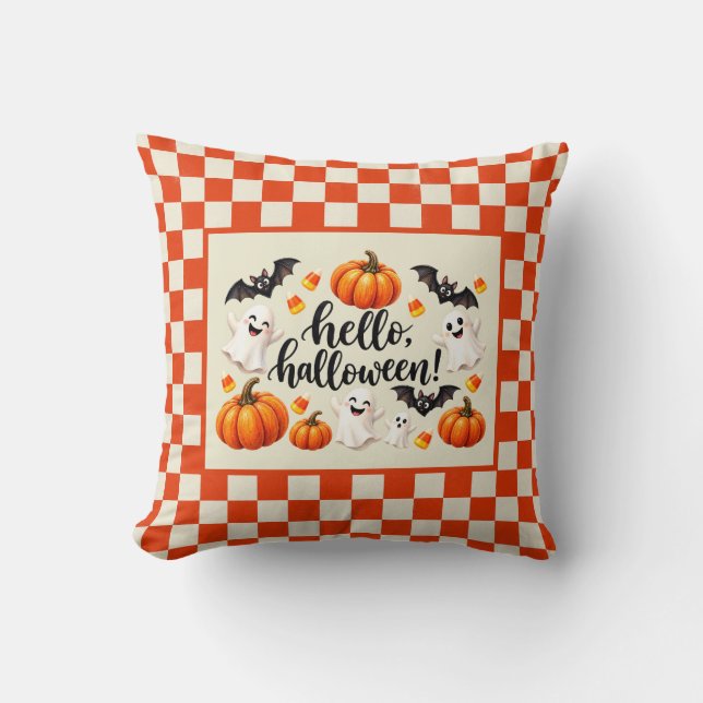 Hello Halloween Ghosts Bats Pumpkins Chequered Fle Cushion (Front)