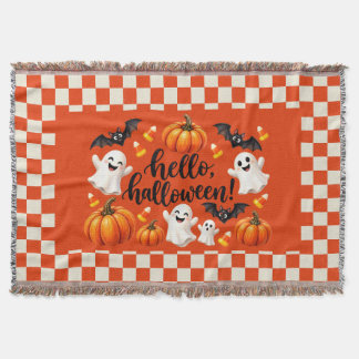 Hello Halloween Ghosts & Pumpkins Chequered Throw Blanket