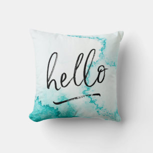 hello hand-lettered turquoise watercolour pillow