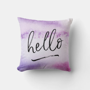 hello hand-lettered violet watercolour pillow