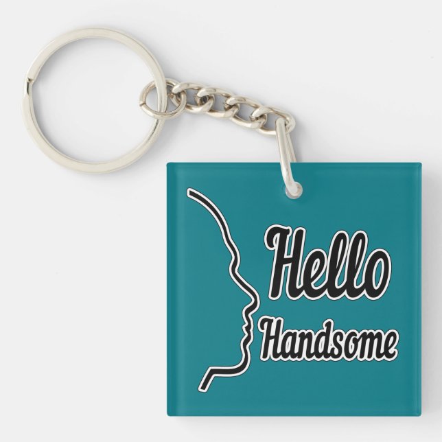 Hello Handsome Typography and Face Profile Outline Key Ring (Front)