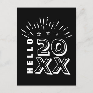Hello Happy New Year Fireworks Black White Stars Postcard