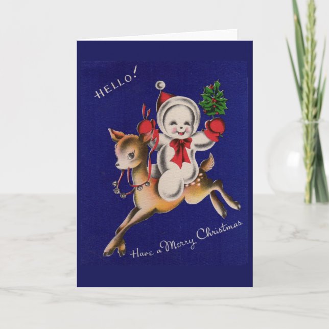 Hello! Have a Merry Christmas snowman on reindeer Holiday Card (Front)