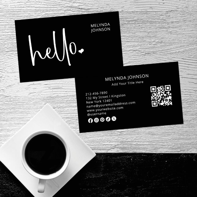 Hello Heart Black Script QR Code Social Media Business Card (Creator Uploaded)