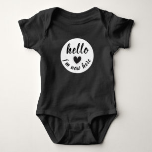 Hello I Am New Here Circle Heart Black And White Baby Bodysuit