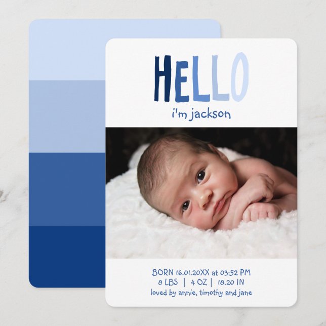 HELLO I'm Baby Name Photo Blue Palette Newborn Boy Announcement (Front/Back)