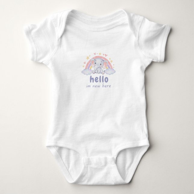Hello I'm New Here Baby Elephant Design Bodysuit (Front)