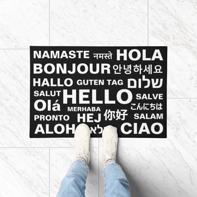 Hello in different languages black white modern doormat (Indoor)