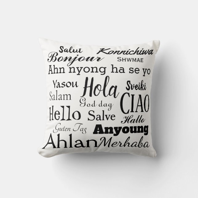Hello in Different Languages Word Art Throw Pillow (Front)