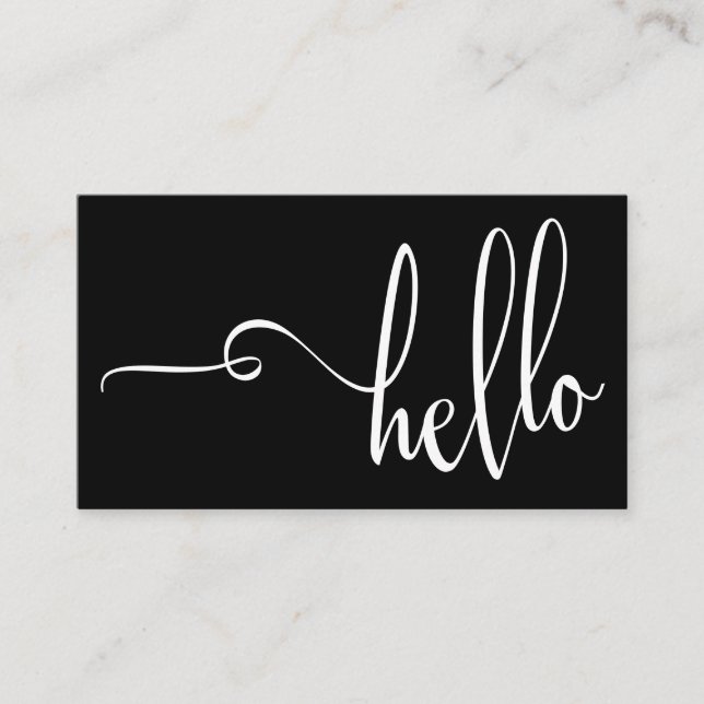 Hello in Elaborate Script Minimal White on Black Business Card (Front)