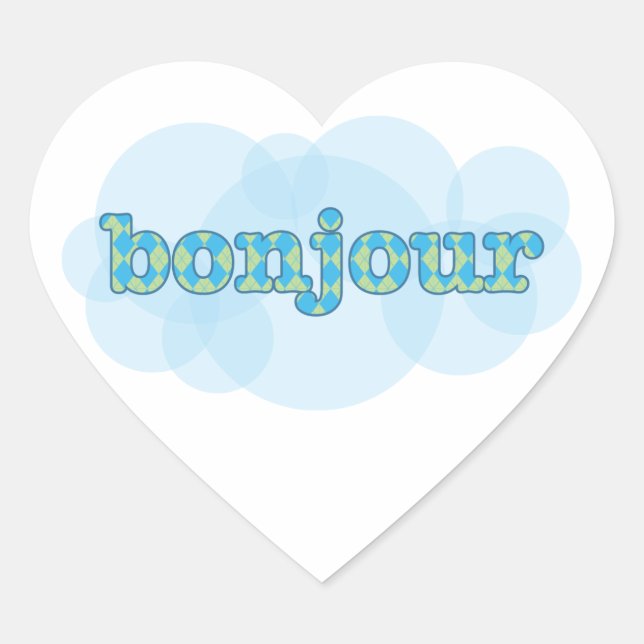 Hello in french bonjour with  argyle pattern heart sticker (Front)