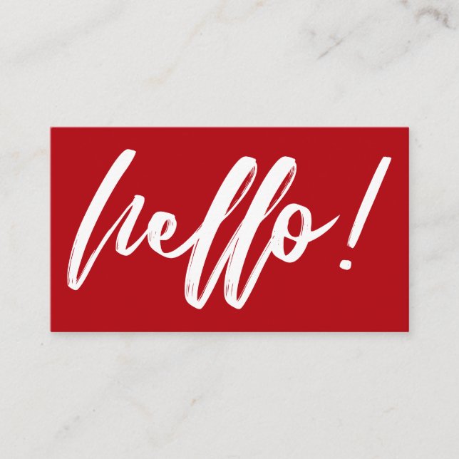 Hello in Handwriting Script Minimal White on Red Business Card (Front)