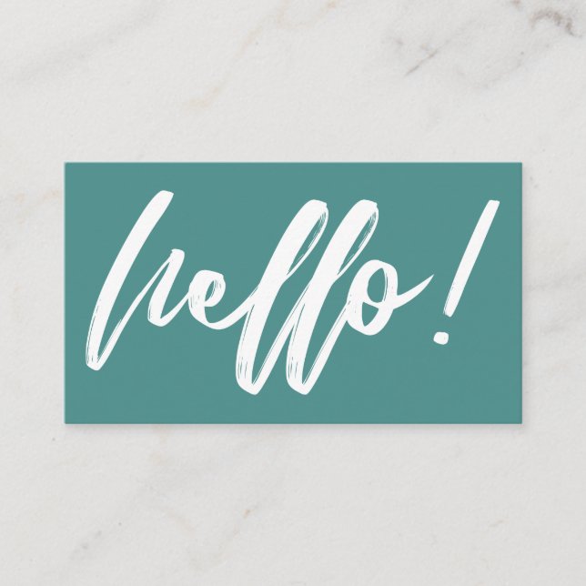 Hello in Handwriting Script Minimal White on Teal Business Card (Front)