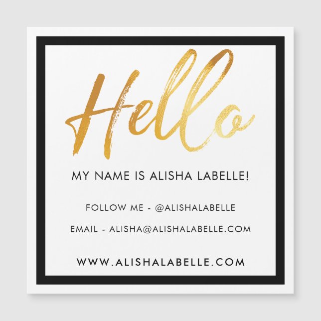 Hello Introduction Gold Brush Script & Black Frame (Front)
