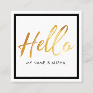 Hello Introduction Gold Brush Script & Black Frame Square Business Card