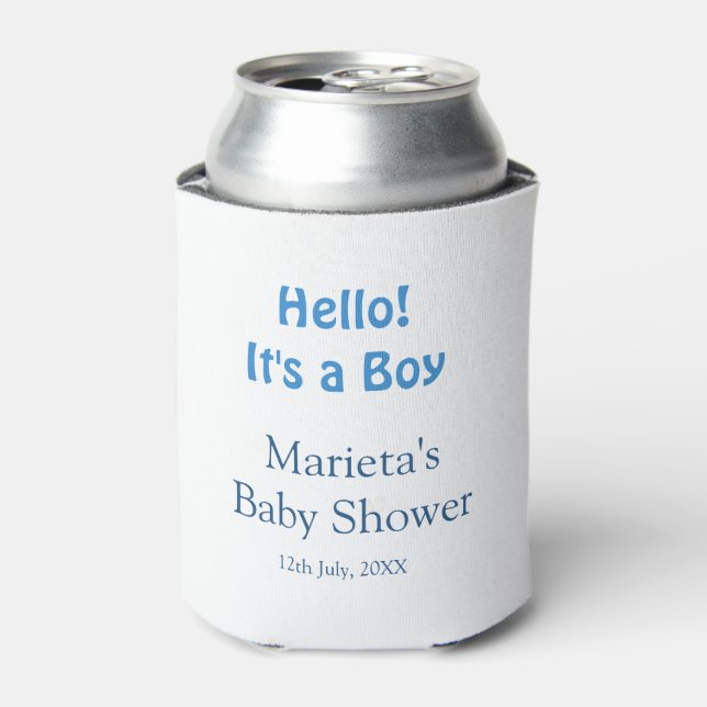 Hello ITS A BOY BABY SHOWER BLUE NAME DATE SIMPLE Can Cooler (Can Front)