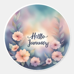 Hello January Pink Flowers Classic Round Sticker