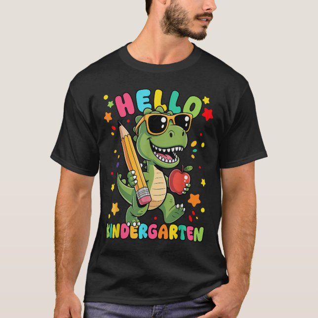 Hello Kindergarten Dinosaur First Day Back To Scho T-Shirt (Front)