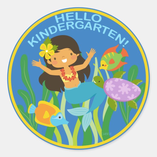 Hello Kindergarten! Little Girl Mermaid and Fish Classic Round Sticker (Front)