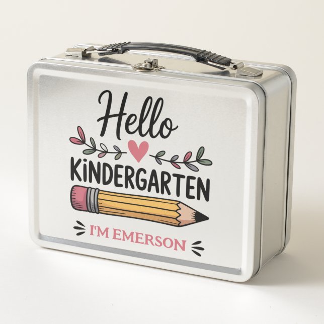 Hello Kindergarten Personalised Back To School Metal Lunch Box (Front)