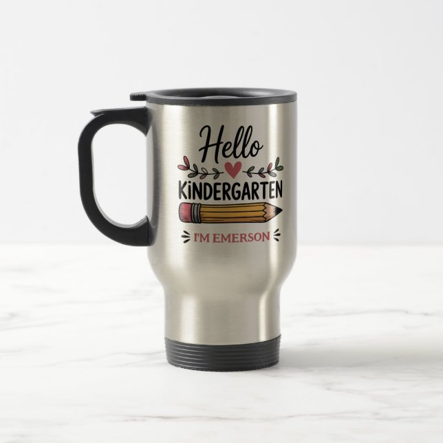 Hello Kindergarten Personalised Back To School Travel Mug (Left)
