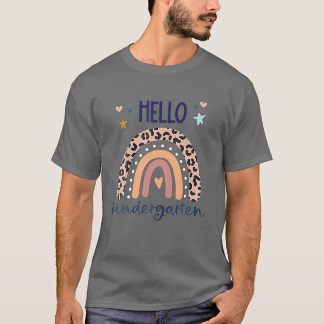 Hello Kindergarten Retro Leopard Rainbow For Teach T-Shirt (Front)