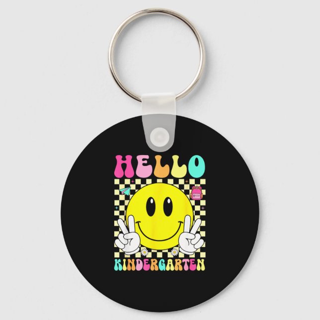 Hello kindergarten retro smile face back to school key ring (Front)