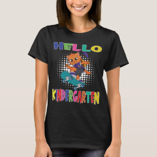 Hello Kindergarten Skateboarding Cat T-Shirt