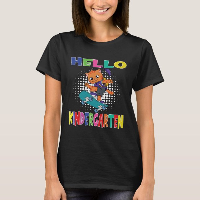 Hello Kindergarten Skateboarding Cat T-Shirt (Front)