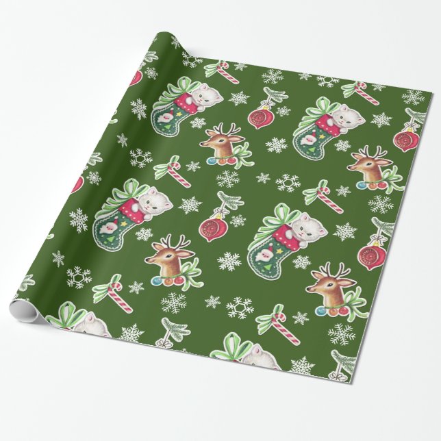 Hello Kitten Christmas Wrapping Paper in Green (Unrolled)