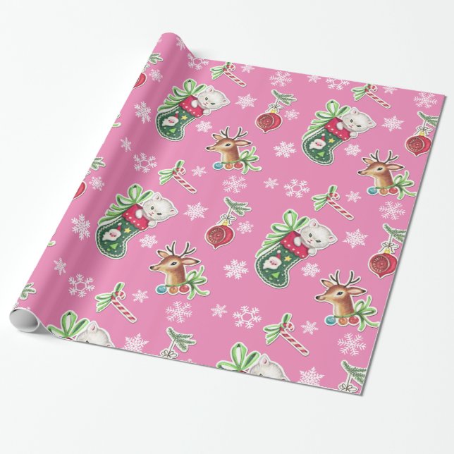Hello Kitten Christmas Wrapping Paper in Pink (Unrolled)