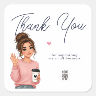 Hello Lady Round Thank You Sticker   Cute Woman 