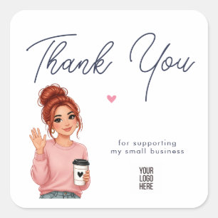 Hello Lady Round Thank You Sticker   Cute Woman 