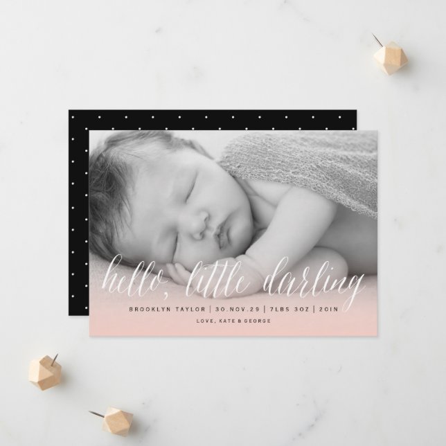 Hello Little Darling Blush Pink Photo Girl Birth Announcement (Front/Back In Situ)
