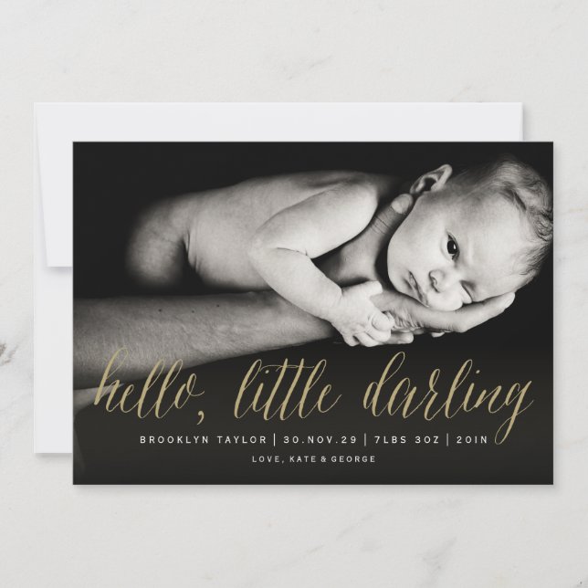 Hello Little Darling Gold Script Chic Photo Birth Announcement (Front)