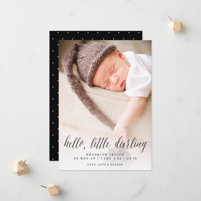 Hello Little Darling Minimalist Photo Design Birth Announcement (Front/Back In Situ)