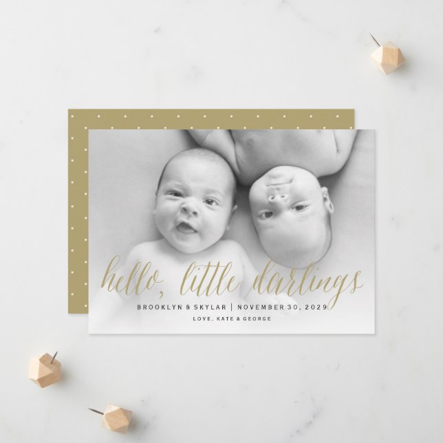 Hello Little Darlings Gold Script Twin Photo Birth Announcement (Front/Back In Situ)