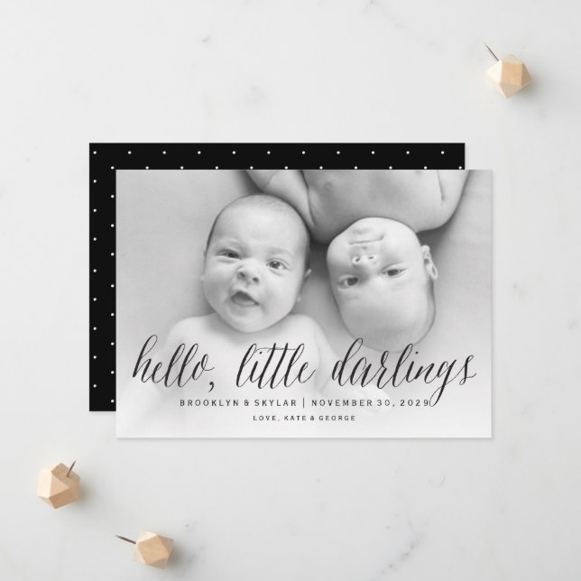 Hello Little Darlings Modern Twins Photo Birth Announcement (Front/Back In Situ)