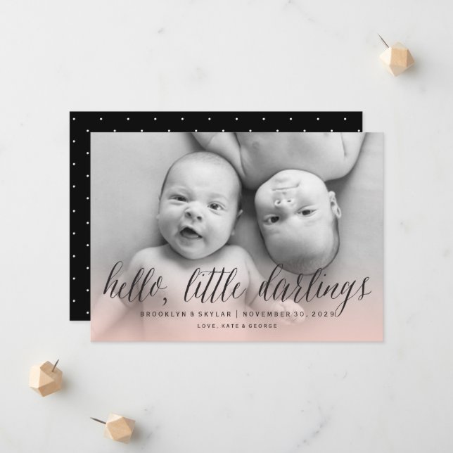 Hello Little Darlings Twin Girls Chic Photo Birth Announcement (Front/Back In Situ)