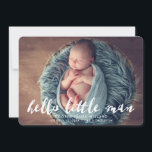 Hello Little Man | Photo Birth Announcement<br><div class="desc">Announce the birth of your baby boy with a modern "Hello Little Man" photo birth announcement. The stylish birth announcement features an overlay with the words "Hello Little Man" in a brush script font, placeholders for a photo and custom text, and a light blue and white striped pattern on the...</div>