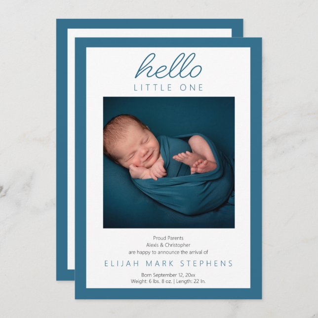 Hello Little One - 2 Photo Baby Boy Blue Birth Announcement (Front/Back)